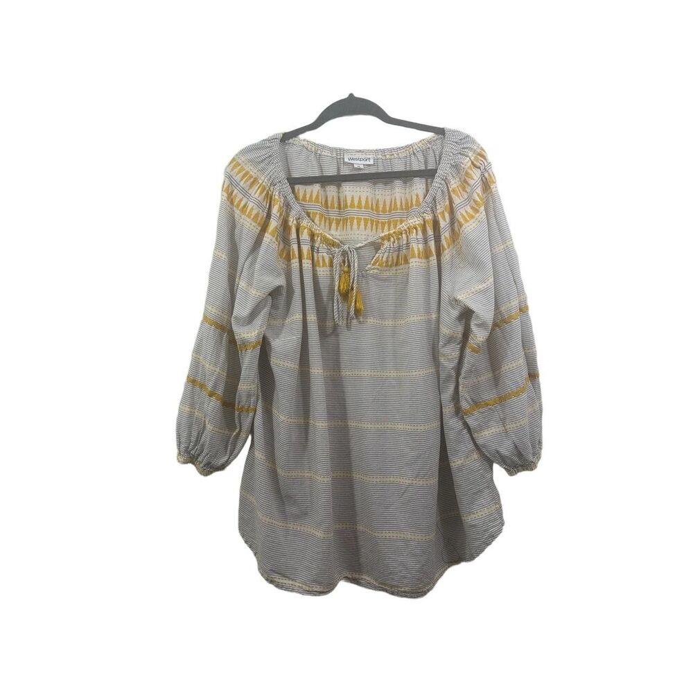 Westport Tunic 2X Grey Ivory Yellow Striped Boat Neck Quarter Sleeve Geometric